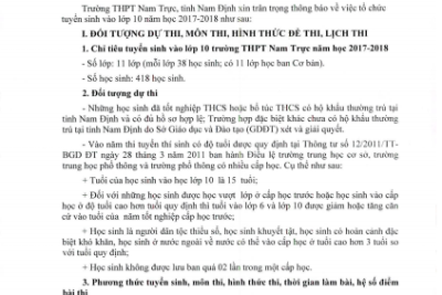 Thông báo: V/v Tổ chức tuyển sinh lớp 10 năm học 2017-2018 của trường THPT Nam Trực