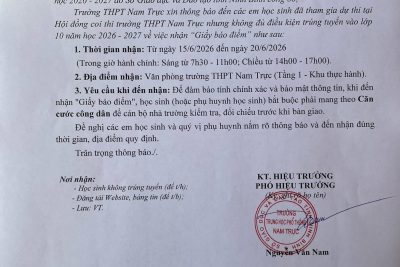 Thông báo v/v trả Giấy báo điểm cho học sinh không trúng tuyển vào lớp 10 Trường THPT Nam Trực _Kỳ thi tuyển sinh vào 10 năm học 2026-2027