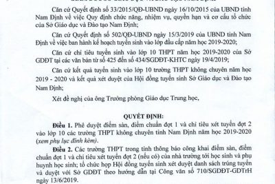 Quyết định Phê duyệt điểm sàn; điểm chuẩn đợt 1 và chỉ tiêu xét tuyển đợt 2 vào lớp 10 các trường THPT không chuyên tỉnh Nam Định năm học 2019-2020