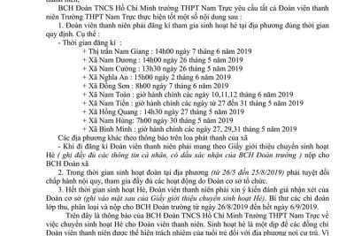 Đoàn TNCS HCM – Thông báo về việc chuyển sinh hoạt hè