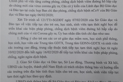 Công văn V/v tiếp tục cho trẻ em, học sinh, sinh viên tạm thời nghỉ học để phòng chống dịch do nCoV gây ra